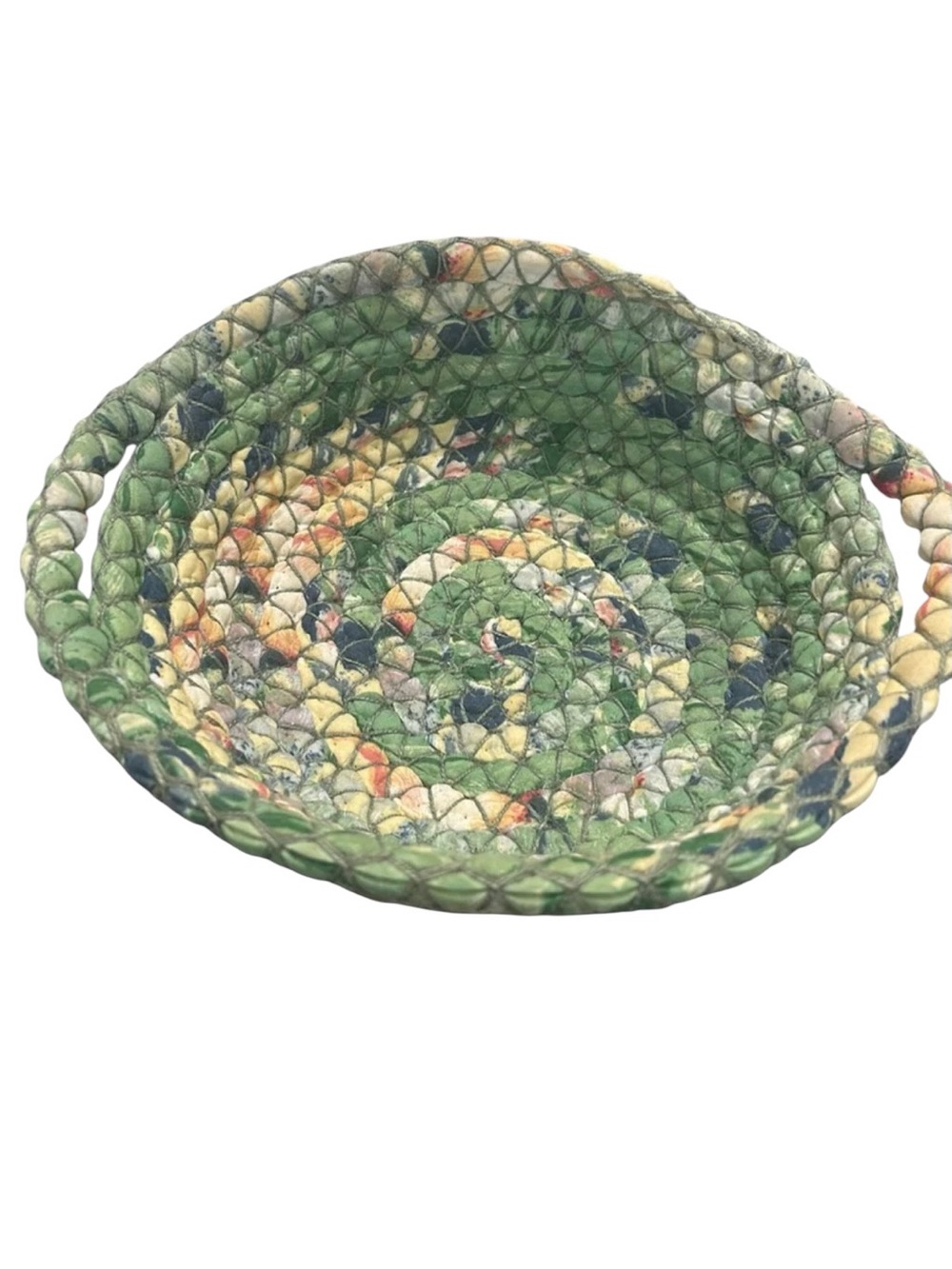 Vintage green braided rag rug basket with handles